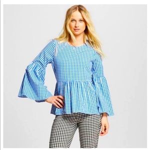 Blue and white Gingham Blouse with Bell sleeves